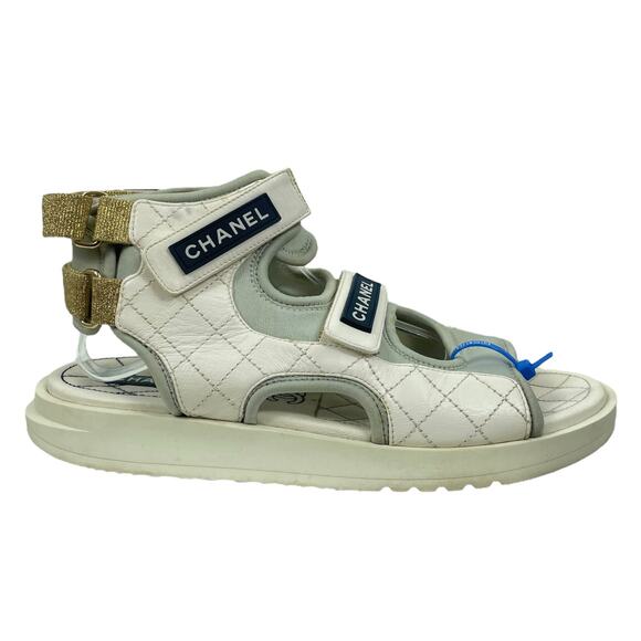 Chanel Goatskin Fabric Quilted Gladiator Dad Sandals White Gray Size 41C - Picture 3 of 13